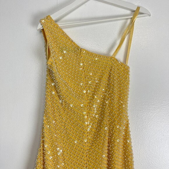MAC DUGGAL Imitation Pearl One-Shoulder Asymmetric Gown in Yellow Size US 6 - Picture 7 of 8